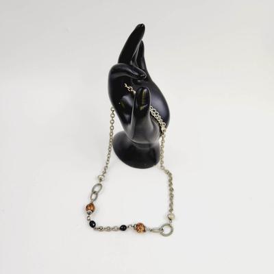 SILVER TONED CHAINED NECKLACE W/ BLACK & BROWN BEADING