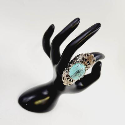 SILVERTONED TURQUOISE ADJUSTABLE LARGE RING