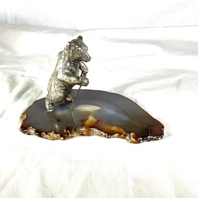 1344 Vintage Silverplated Bear Figure on Agate