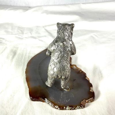 1344 Vintage Silverplated Bear Figure on Agate