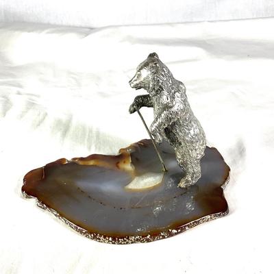 1344 Vintage Silverplated Bear Figure on Agate