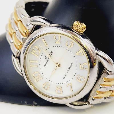 ANNE KLEIN 2 TONE PANTHER LINK BRACELET WATCH W/ IRIDESCENT FACE