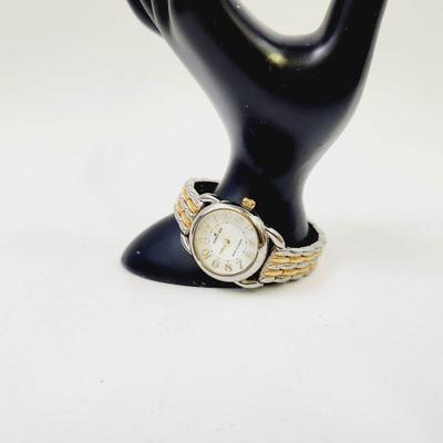 ANNE KLEIN 2 TONE PANTHER LINK BRACELET WATCH W/ IRIDESCENT FACE
