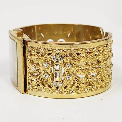 KESSARIS QUARTZ GOLD TONED & CRYSTAL INLAID HINGED WATCH