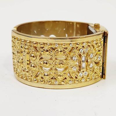 KESSARIS QUARTZ GOLD TONED & CRYSTAL INLAID HINGED WATCH
