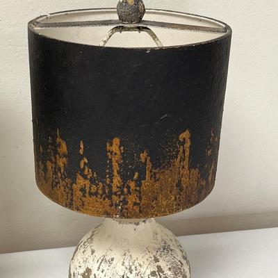 Pair (2) ~ Distressed Base Wood Lamp ~ Metal Gold & Black Shade