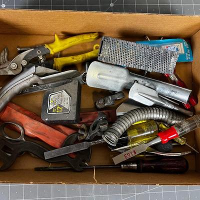 Tray of Tools: Chisels, Tin Snips, Spout
