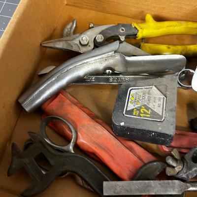 Tray of Tools: Chisels, Tin Snips, Spout