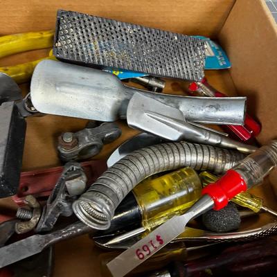 Tray of Tools: Chisels, Tin Snips, Spout