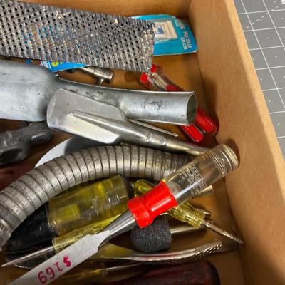 Tray of Tools: Chisels, Tin Snips, Spout