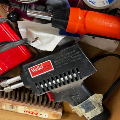 Tray of Tools: Wire Brush, Drill Bits and Solder Gun