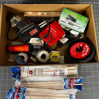 Tray of Tools: Wire Brush, Drill Bits and Solder Gun