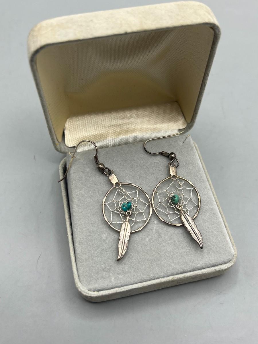thumbnail image 2 of Gold Dream Catcher Dangle Earrings – Turquoise Bead Center, Feather Design, Lightweight 2 of 4