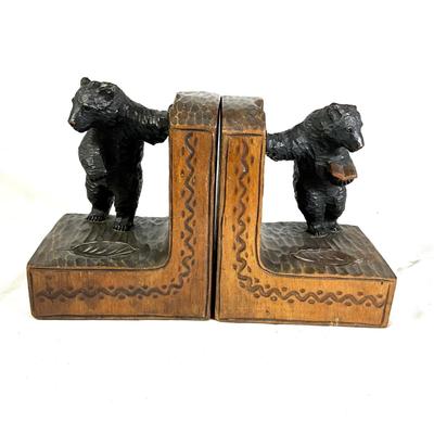 1350 Antique Hand-Carved German Black Forest Wooden Bear Signed Bookends