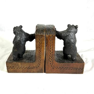 1350 Antique Hand-Carved German Black Forest Wooden Bear Signed Bookends