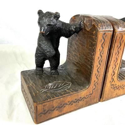 1350 Antique Hand-Carved German Black Forest Wooden Bear Signed Bookends