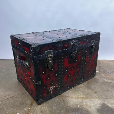 1332 Vintage Black & Red Painted Trunk Chest
