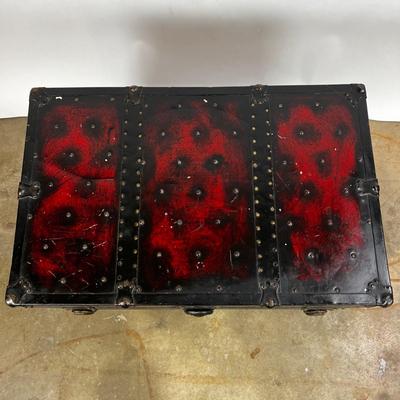 1332 Vintage Black & Red Painted Trunk Chest