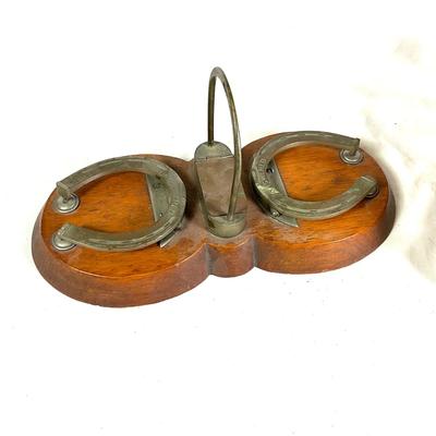 1352 Antique Wooden Weis Index Box & Brass Horseshoe Note Holder