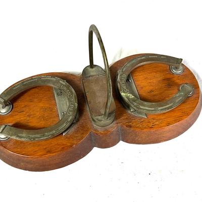 1352 Antique Wooden Weis Index Box & Brass Horseshoe Note Holder