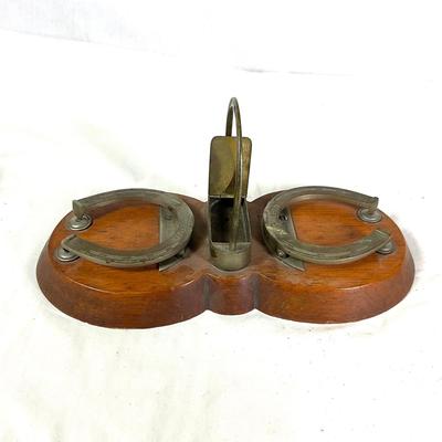 1352 Antique Wooden Weis Index Box & Brass Horseshoe Note Holder