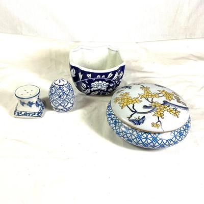 1353 Lot of Blue and White Ceramic Cache Pot, Salt and Pepper, and Covered Dish