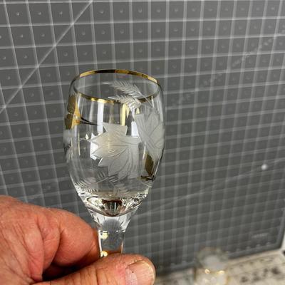 Decanter Etched Glass, with 7 Wine Glasses