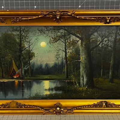 Antique Oil Painting, No Signed. Full Moon Camping by the Pond 