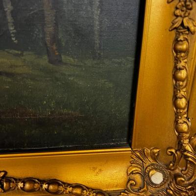 Antique Oil Painting, No Signed. Full Moon Camping by the Pond 