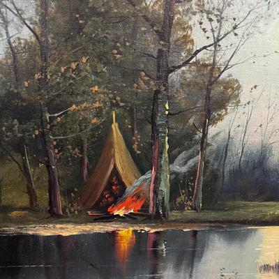 Antique Oil Painting, No Signed. Full Moon Camping by the Pond 