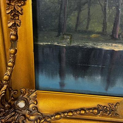 Antique Oil Painting, No Signed. Full Moon Camping by the Pond 