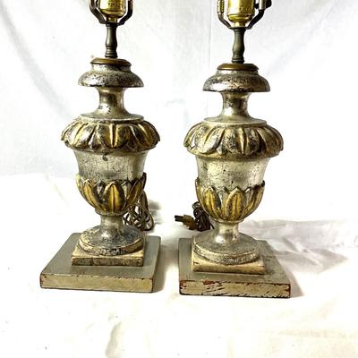 1366 Pair of Vintage Gold and Silver Leaf Wooden Lamps