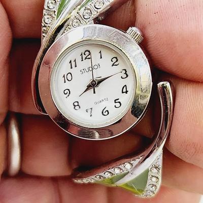 STUDIO TIME SILVER TONED LEAF RHINESTONE HINDGE WATCH