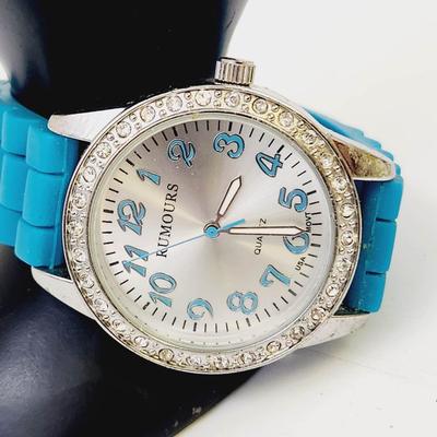 RUMOURS BIG DIAL RHINESTONE TEAL BUCKLE WATCH