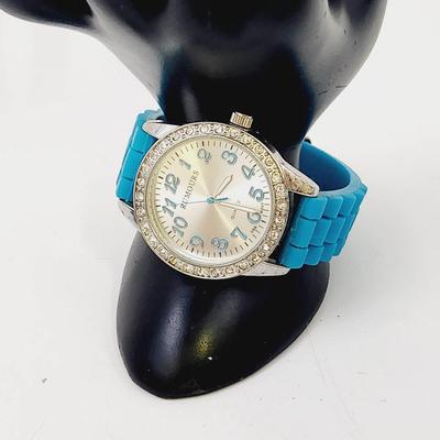 RUMOURS BIG DIAL RHINESTONE TEAL BUCKLE WATCH