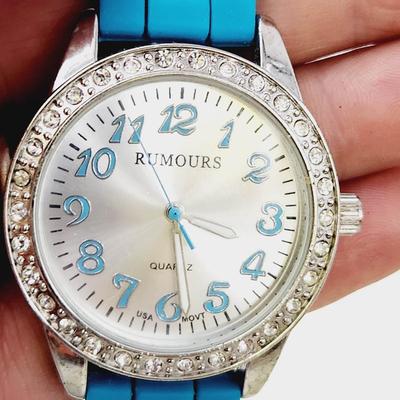 RUMOURS BIG DIAL RHINESTONE TEAL BUCKLE WATCH