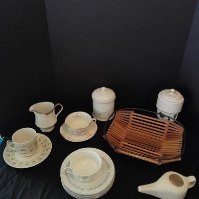 Nice variety of Dishware / chinaware and a neat wooden and wire basket