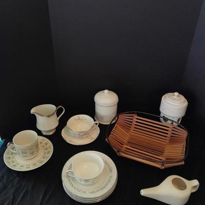 Nice variety of Dishware / chinaware and a neat wooden and wire basket