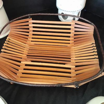 Nice variety of Dishware / chinaware and a neat wooden and wire basket