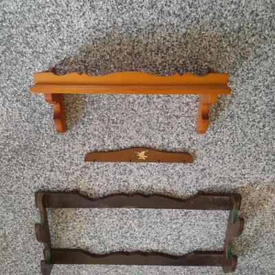 Vintage wooden gun rack, and a wall shelf