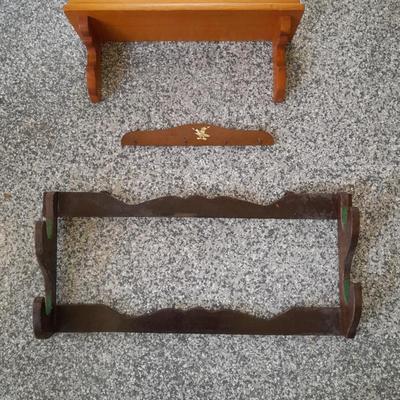 Vintage wooden gun rack, and a wall shelf