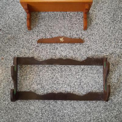 Vintage wooden gun rack, and a wall shelf