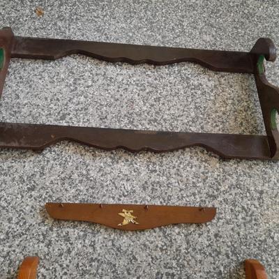 Vintage wooden gun rack, and a wall shelf