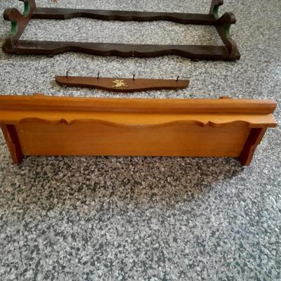 Vintage wooden gun rack, and a wall shelf