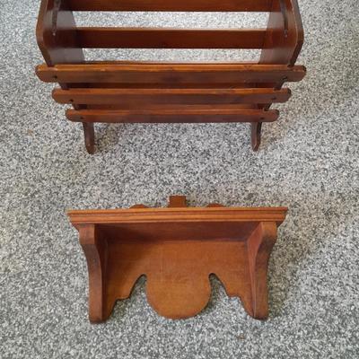 Nice wooden magazine rack, and a small wall shelf
