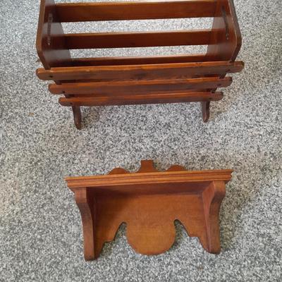 Nice wooden magazine rack, and a small wall shelf