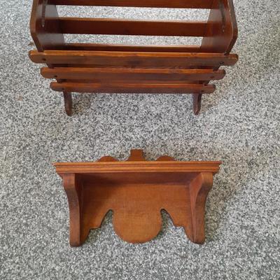 Nice wooden magazine rack, and a small wall shelf