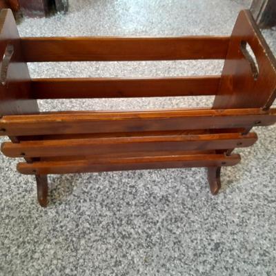 Nice wooden magazine rack, and a small wall shelf