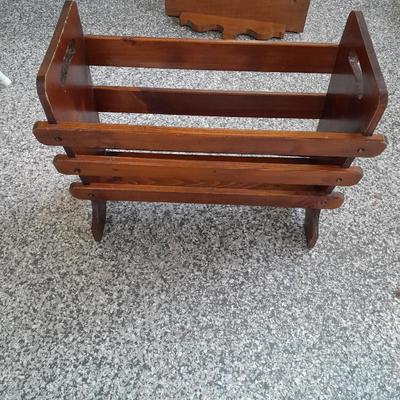 Nice wooden magazine rack, and a small wall shelf