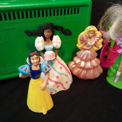 McDonalds Happy meal barbie dolls and Disney Figures with green mcDonalds box